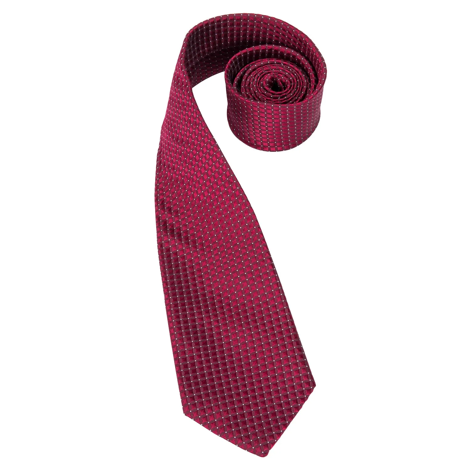 Hi-Tie Men's Tie Burgundy Plaid Necktie Pocket Square Cufflinks Set