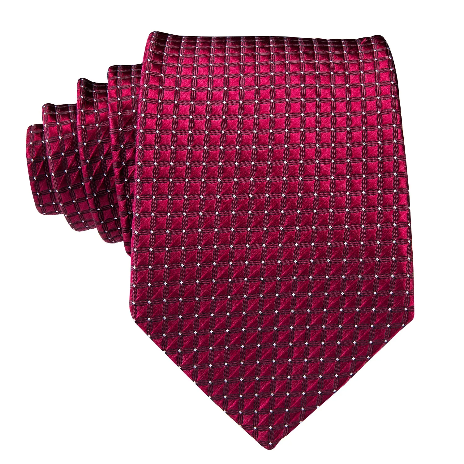 Hi-Tie Men's Tie Burgundy Plaid Necktie Pocket Square Cufflinks Set