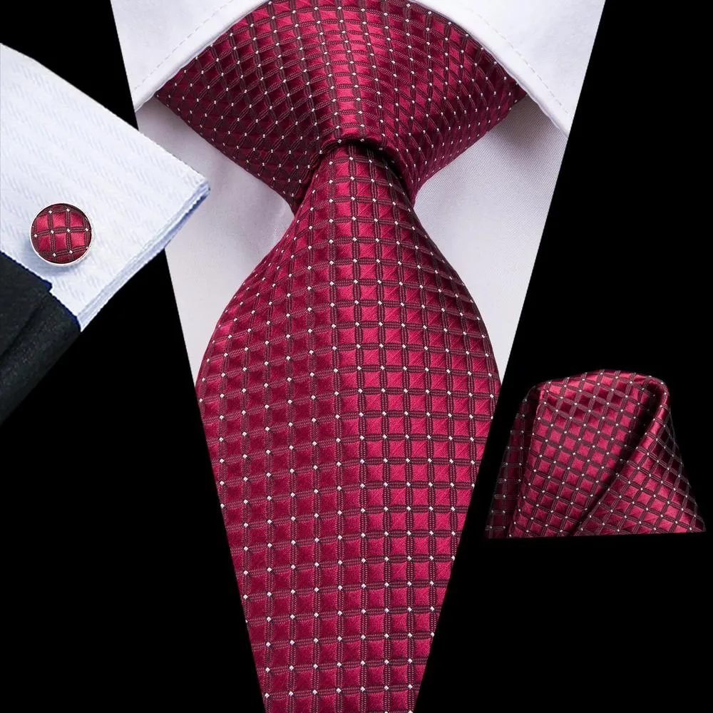 Hi-Tie Men's Tie Burgundy Plaid Necktie Pocket Square Cufflinks Set