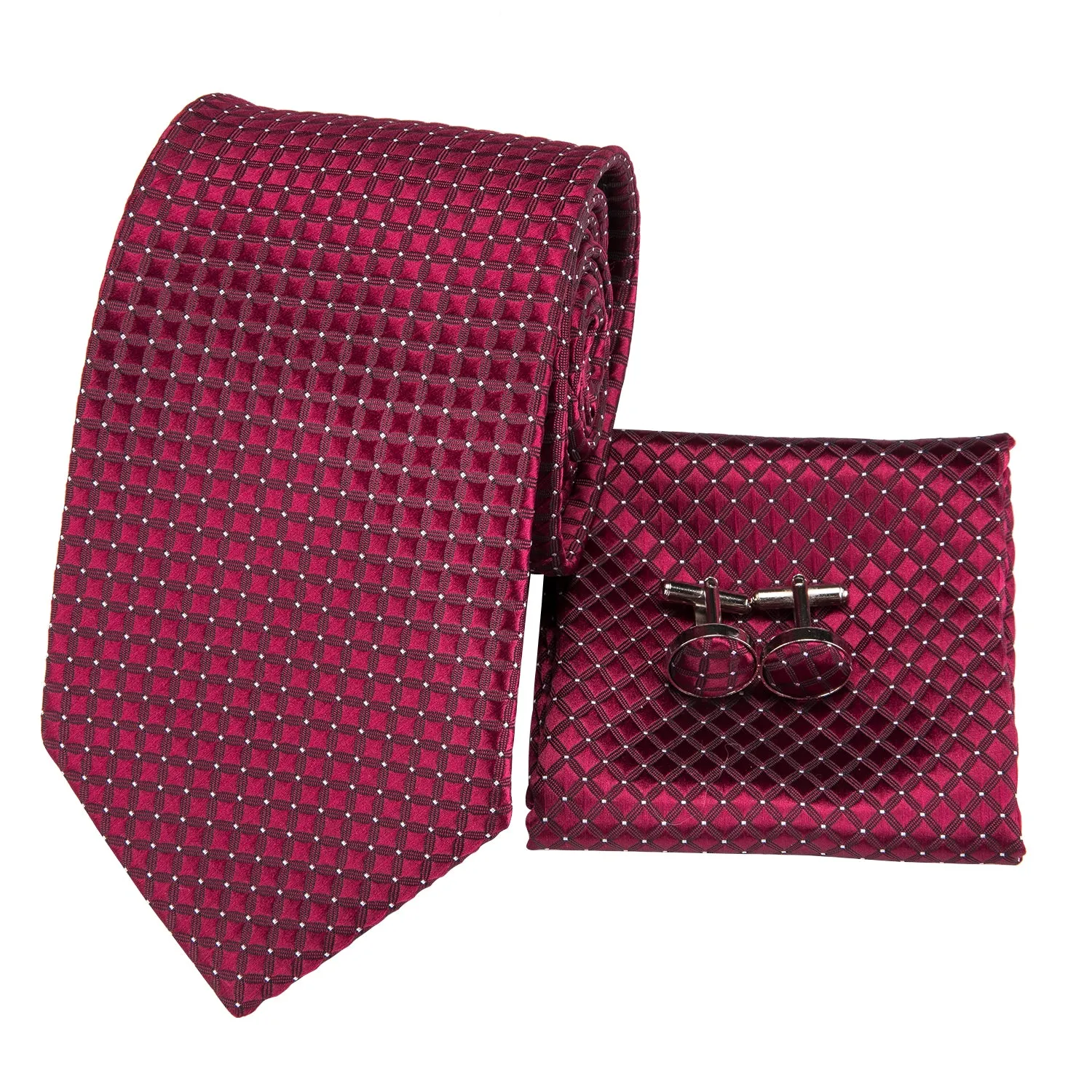 Hi-Tie Men's Tie Burgundy Plaid Necktie Pocket Square Cufflinks Set