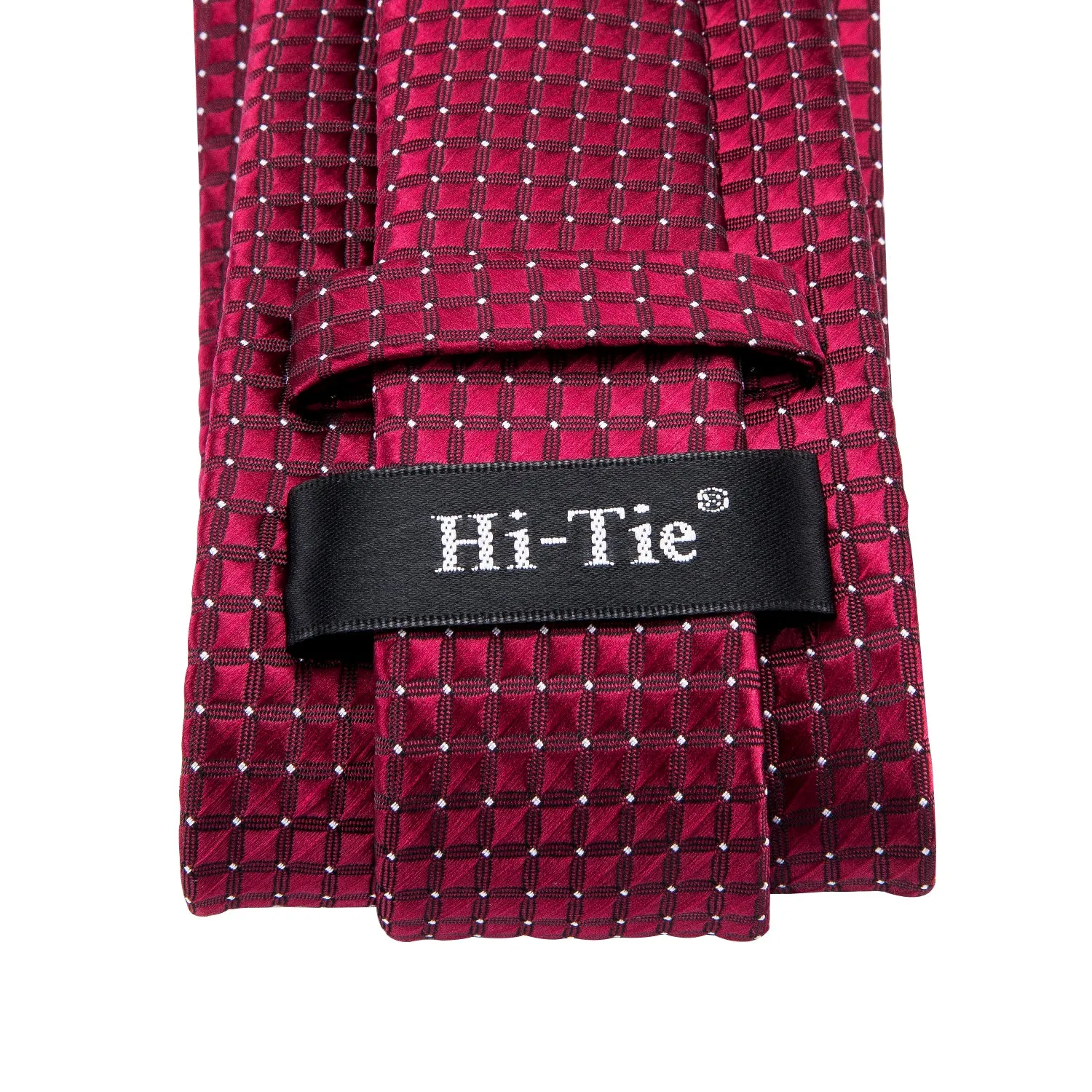 Hi-Tie Men's Tie Burgundy Plaid Necktie Pocket Square Cufflinks Set