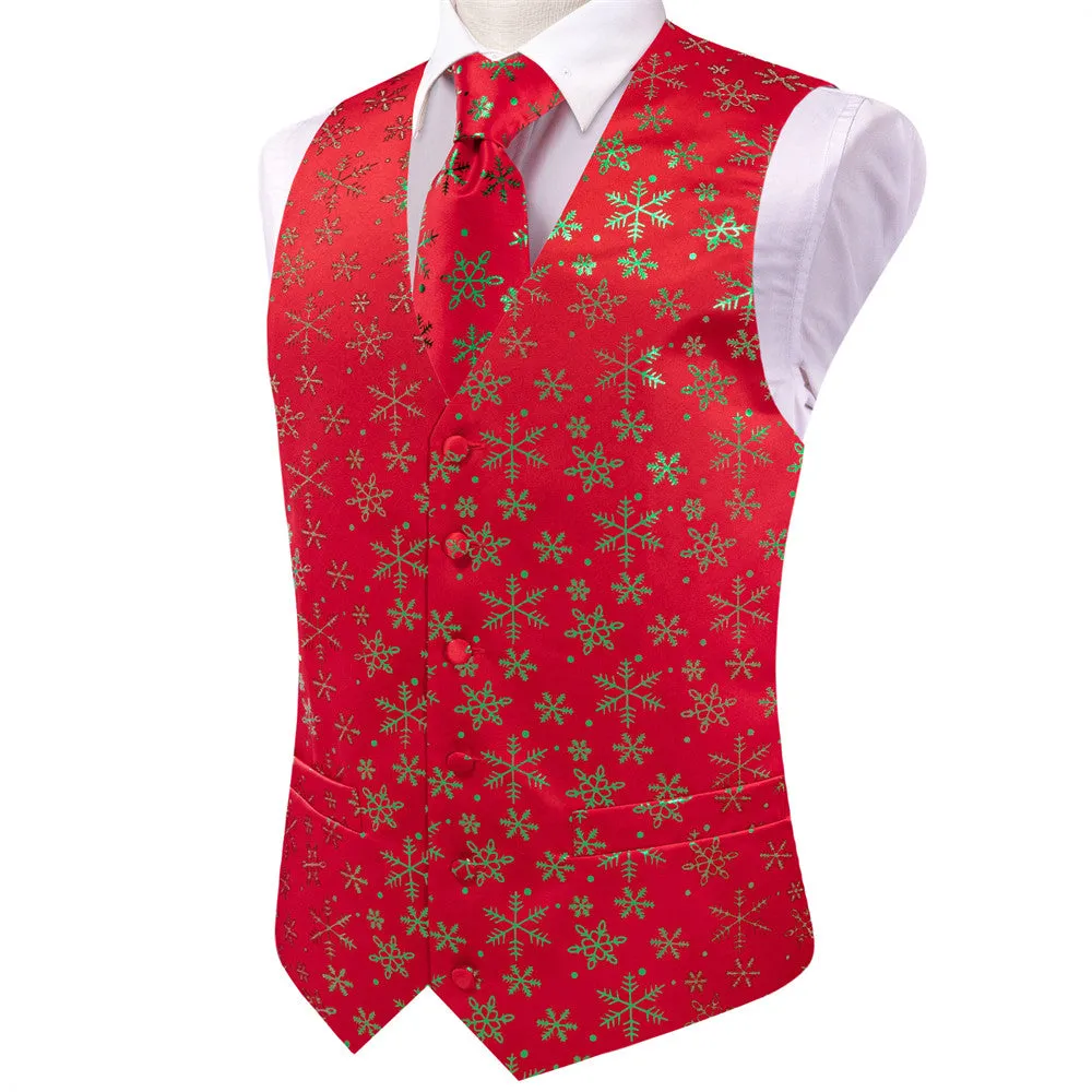 Hi-Tie Mens Waistcoat Red Green Snow Christmas Vest Necktie Set