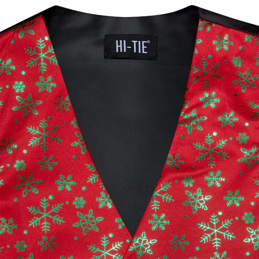 Hi-Tie Mens Waistcoat Red Green Snow Christmas Vest Necktie Set