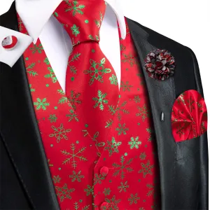 Hi-Tie Mens Waistcoat Red Green Snow Christmas Vest Necktie Set