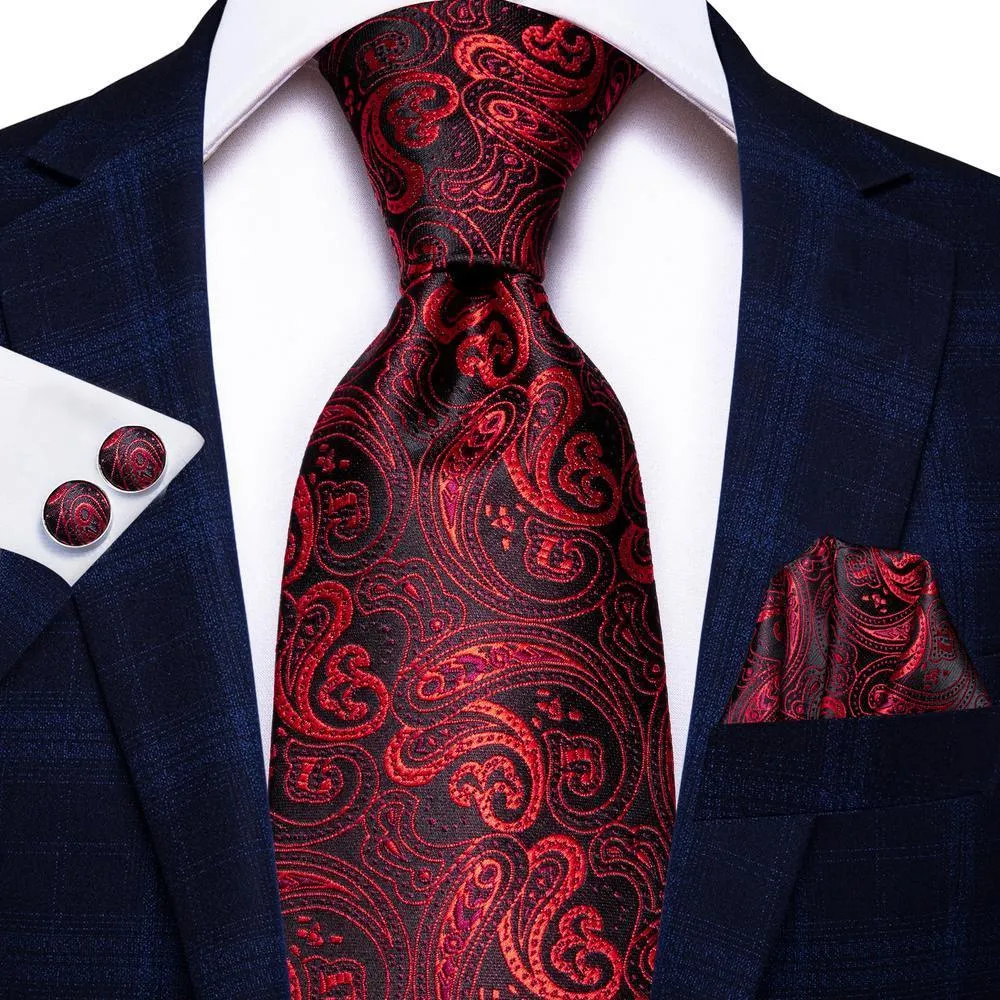 Hi-Tie Red Black Paisley 63" Extra Long Tie Handkerchief Cufflinks Set