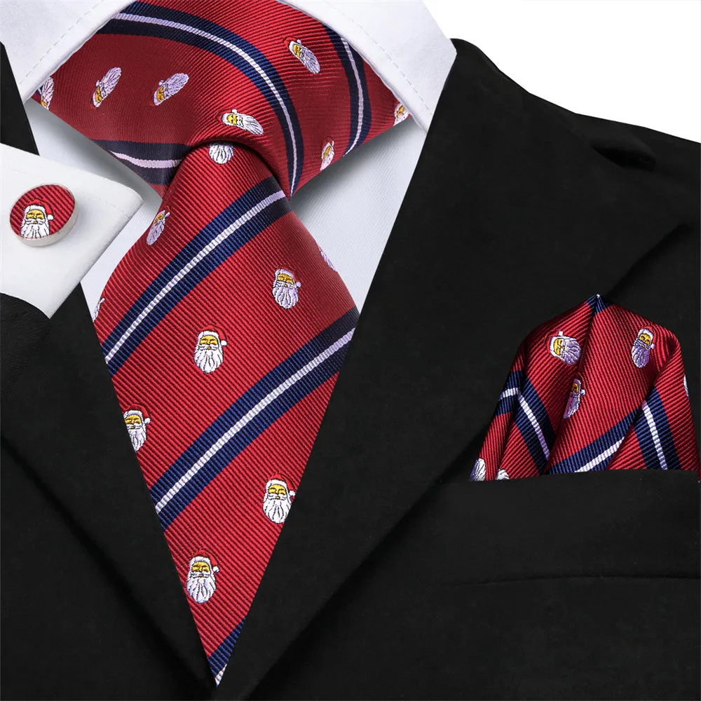 Hi-Tie Red Blue Striped Santa Christmas Designer Necktie Set