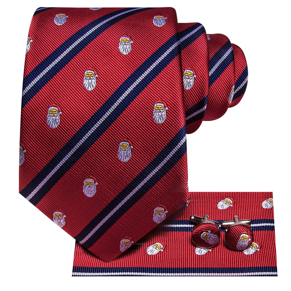 Hi-Tie Red Blue Striped Santa Christmas Designer Necktie Set