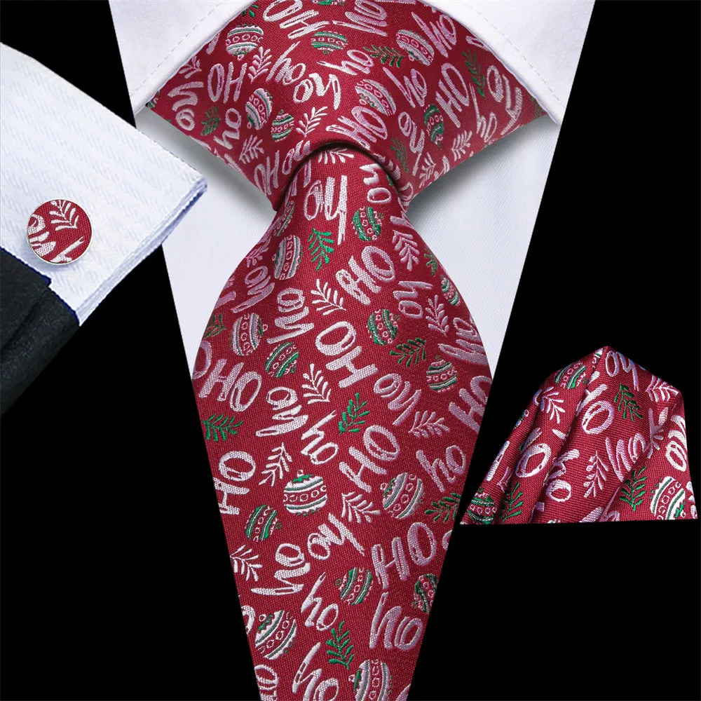 Hi-Tie Red Christmas Silk Necktie Pocket Square Cufflinks Set