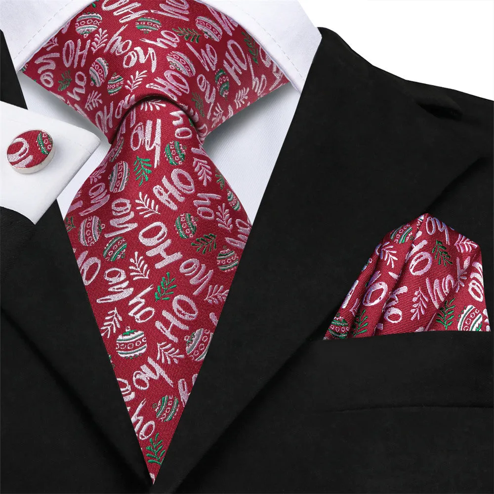 Hi-Tie Red Christmas Silk Necktie Pocket Square Cufflinks Set