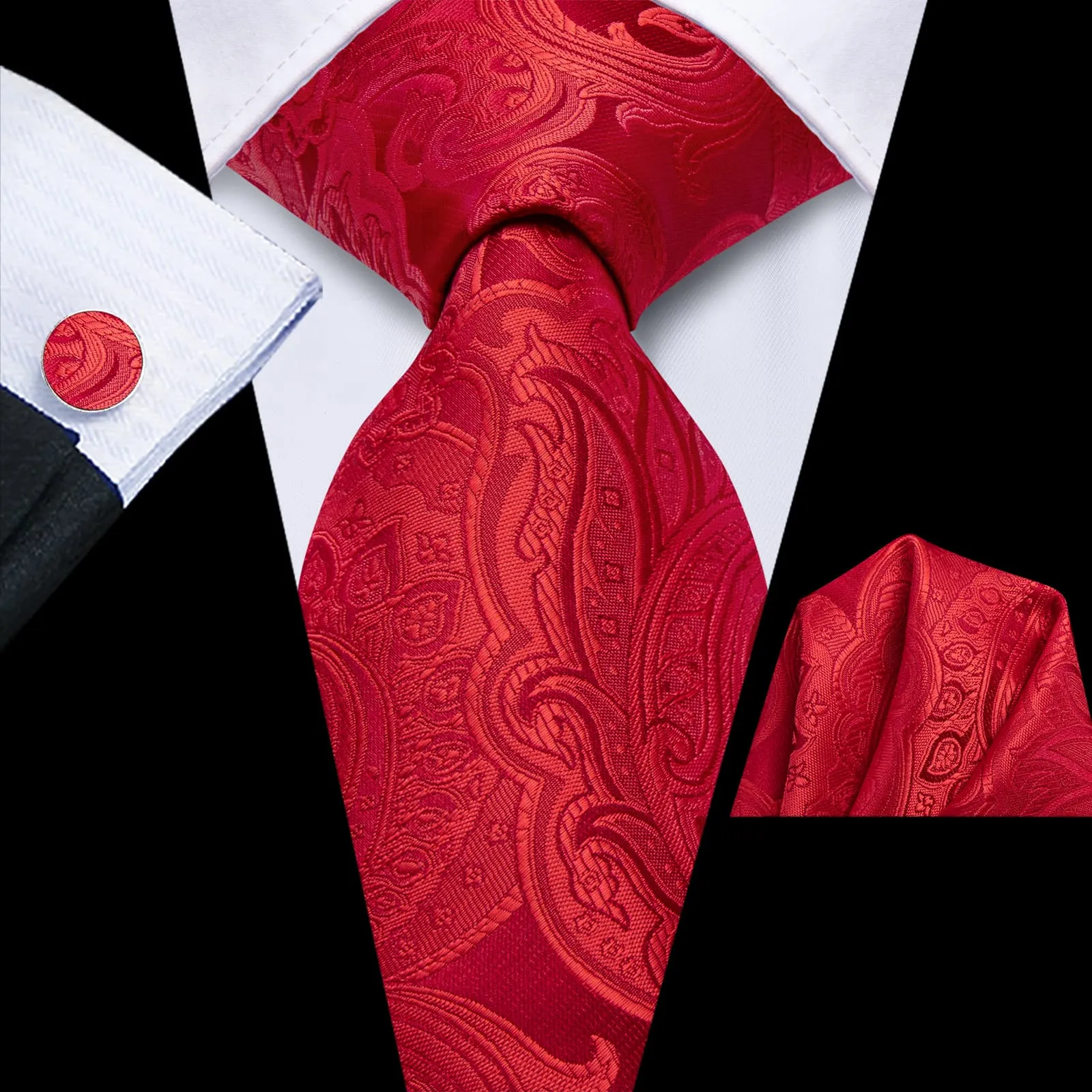 Hi-Tie Red Floral Silk Mens Dress Wedding Tie Hanky Cufflinks Set