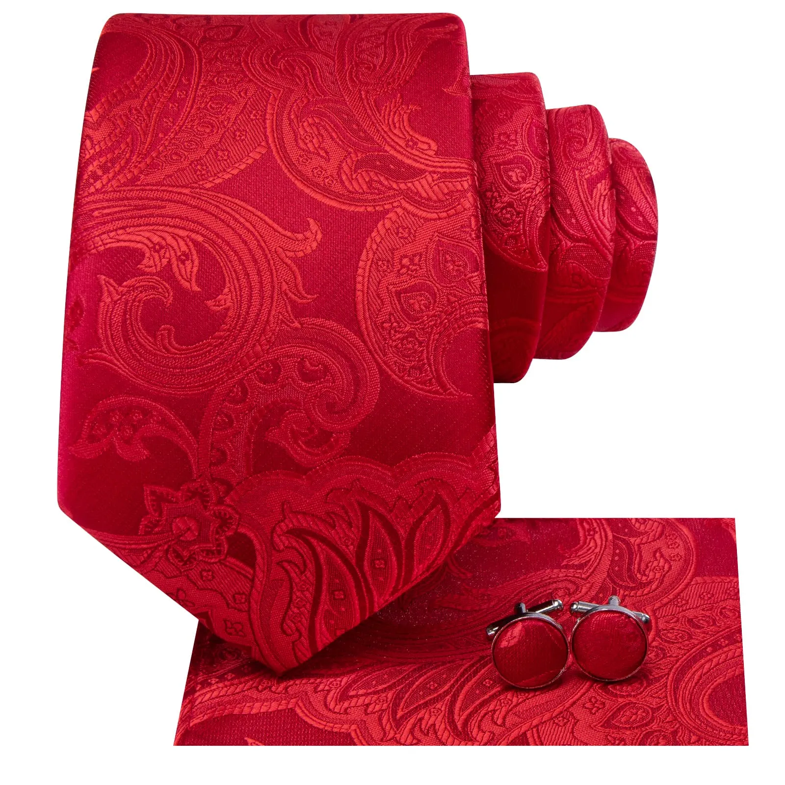 Hi-Tie Red Floral Silk Mens Dress Wedding Tie Hanky Cufflinks Set