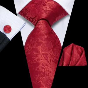 Hi-Tie Red Floral Silk Mens Tie Pocket Square Cufflinks Set