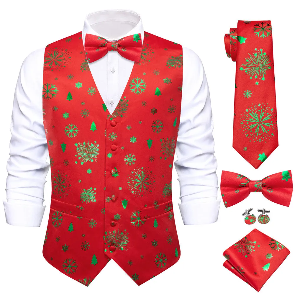 Hi-Tie Red Green Christmas Elements Vest Necktie Bowtie Set