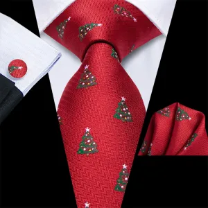 Hi-Tie Red Green Christmas Tree Silk Necktie Pocket Square Cufflinks Set