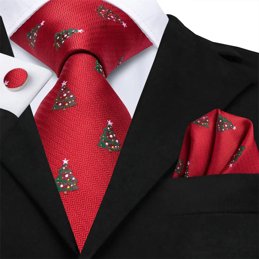 Hi-Tie Red Green Christmas Tree Silk Necktie Pocket Square Cufflinks Set