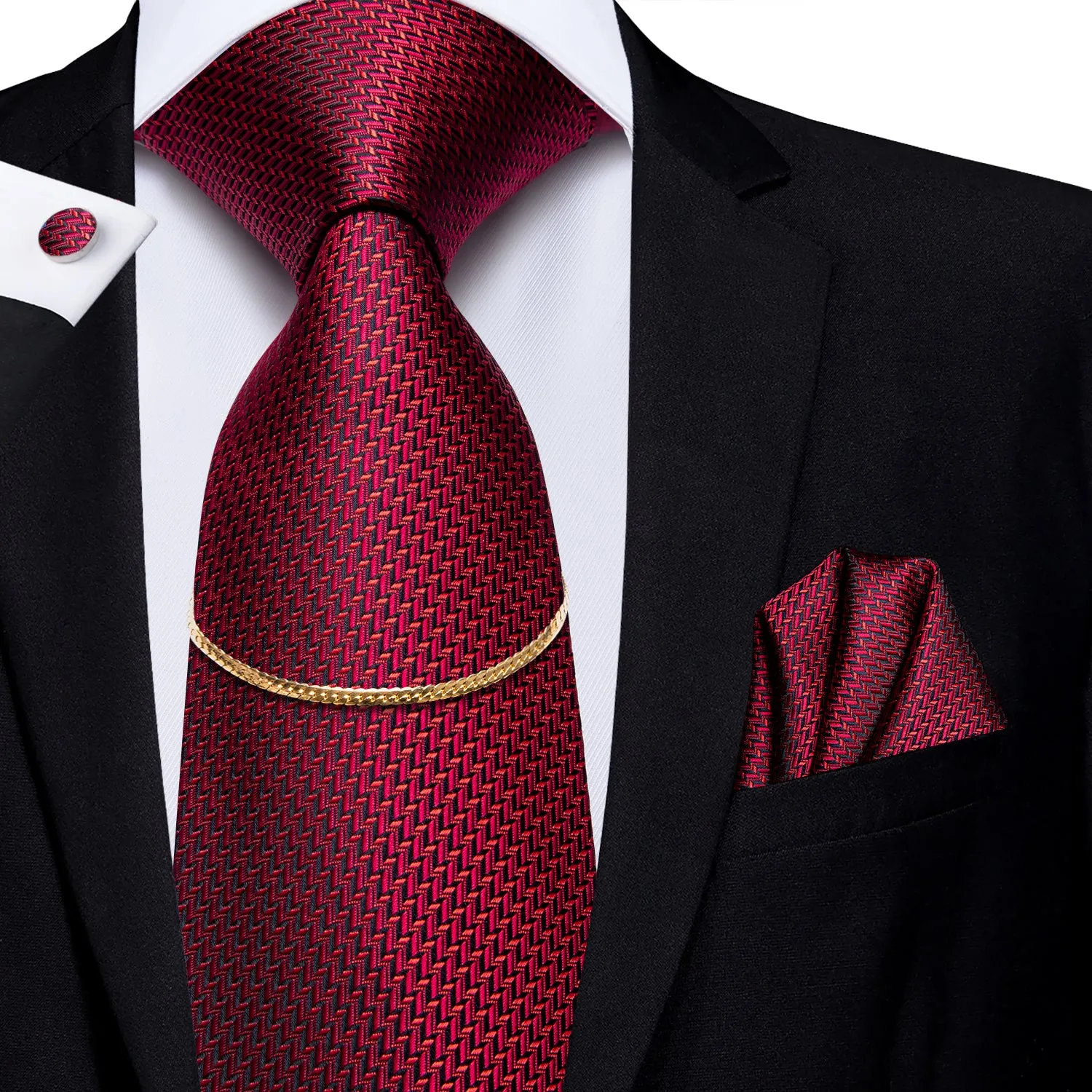 Hi-Tie Red Houndstooth Tie Golden Chain Pocket Square Cufflinks Set