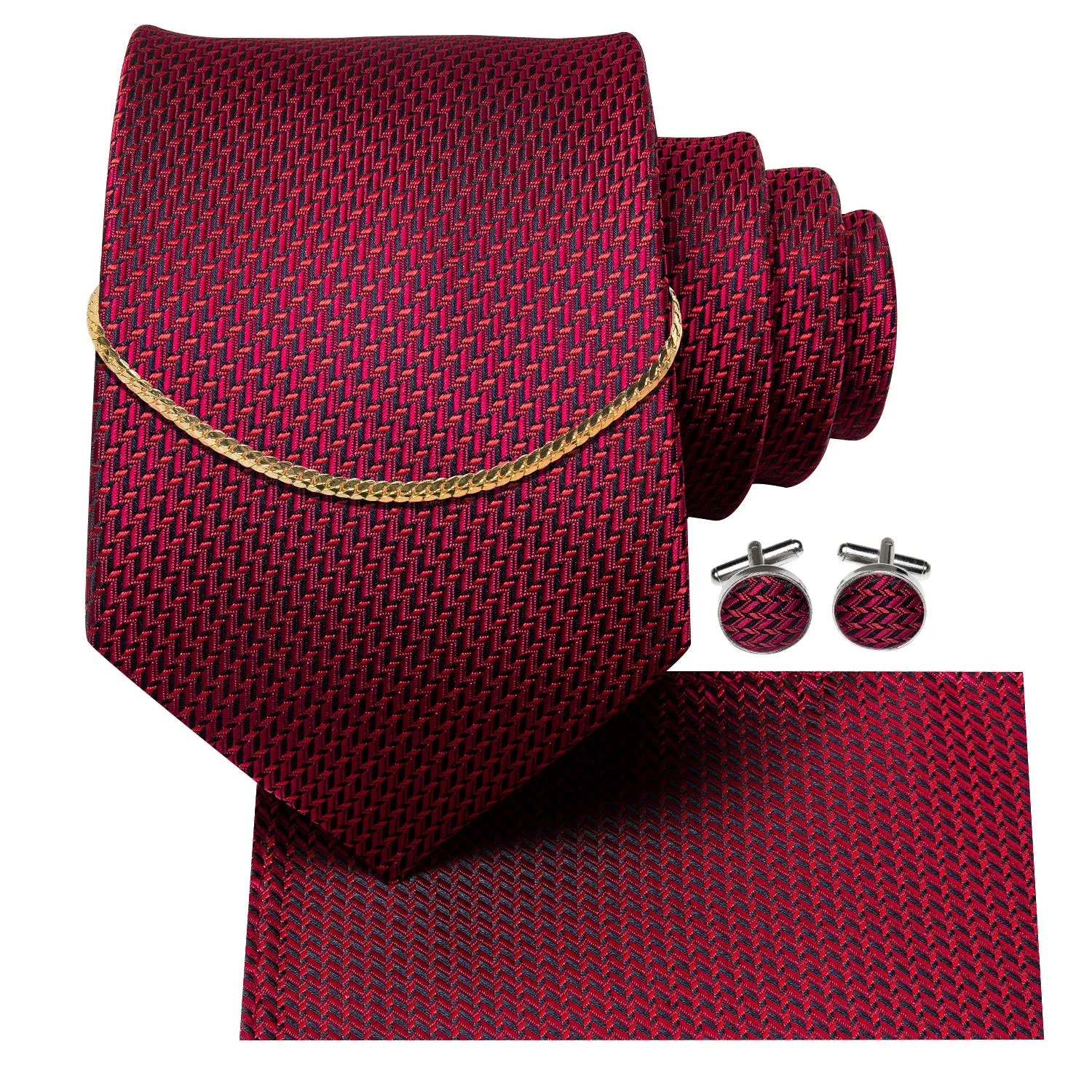 Hi-Tie Red Houndstooth Tie Golden Chain Pocket Square Cufflinks Set