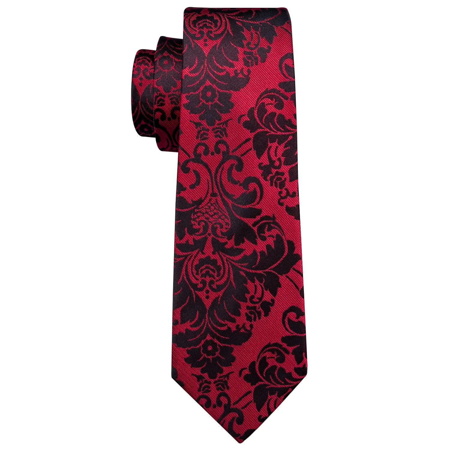 Hi-Tie Red Necktie Black Floral Men's Tie Pocket Square Cufflinks Set