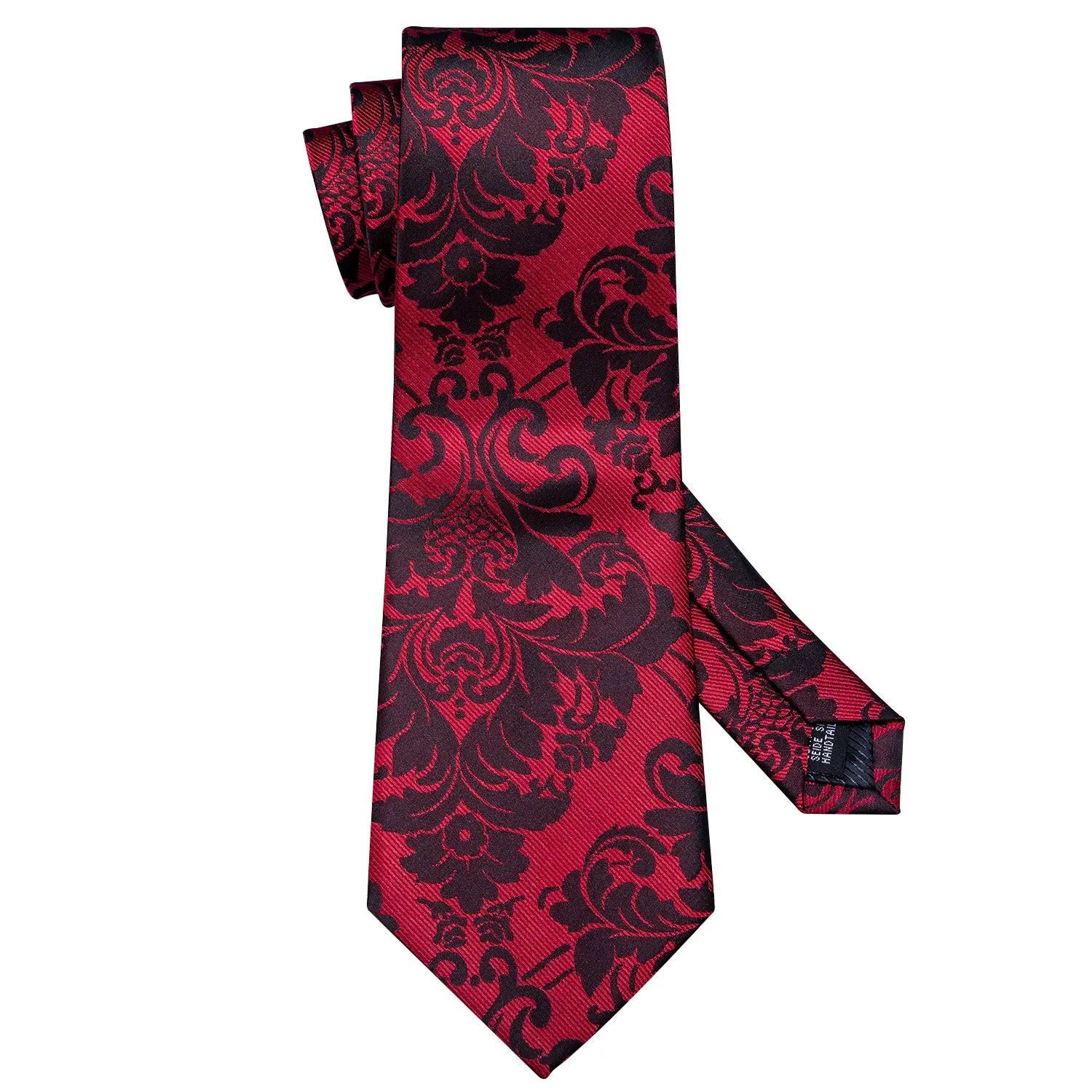 Hi-Tie Red Necktie Black Floral Men's Tie Pocket Square Cufflinks Set