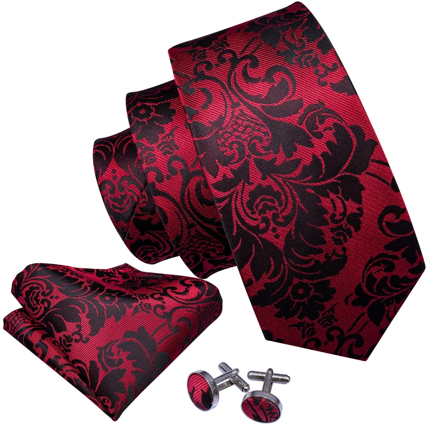 Hi-Tie Red Necktie Black Floral Men's Tie Pocket Square Cufflinks Set