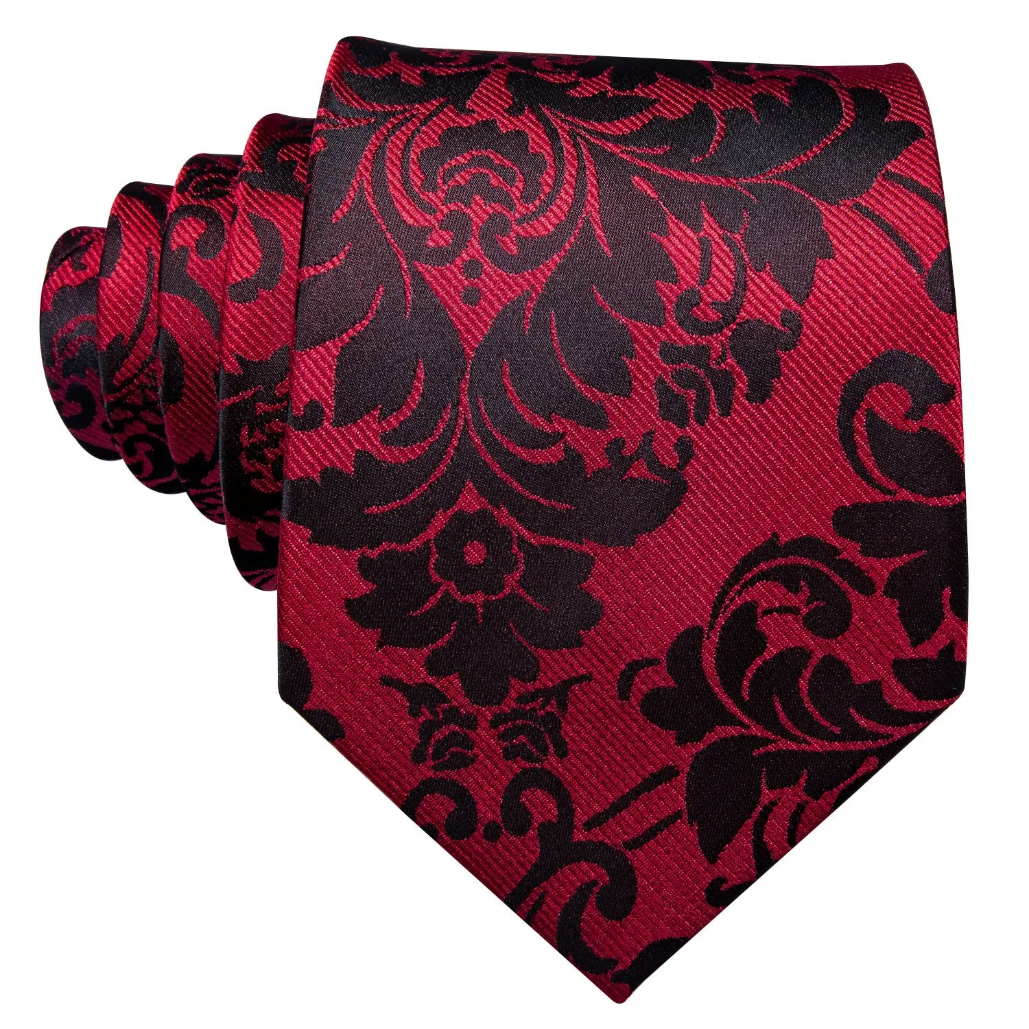 Hi-Tie Red Necktie Black Floral Men's Tie Pocket Square Cufflinks Set