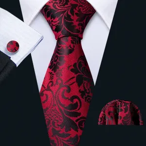 Hi-Tie Red Necktie Black Floral Men's Tie Pocket Square Cufflinks Set