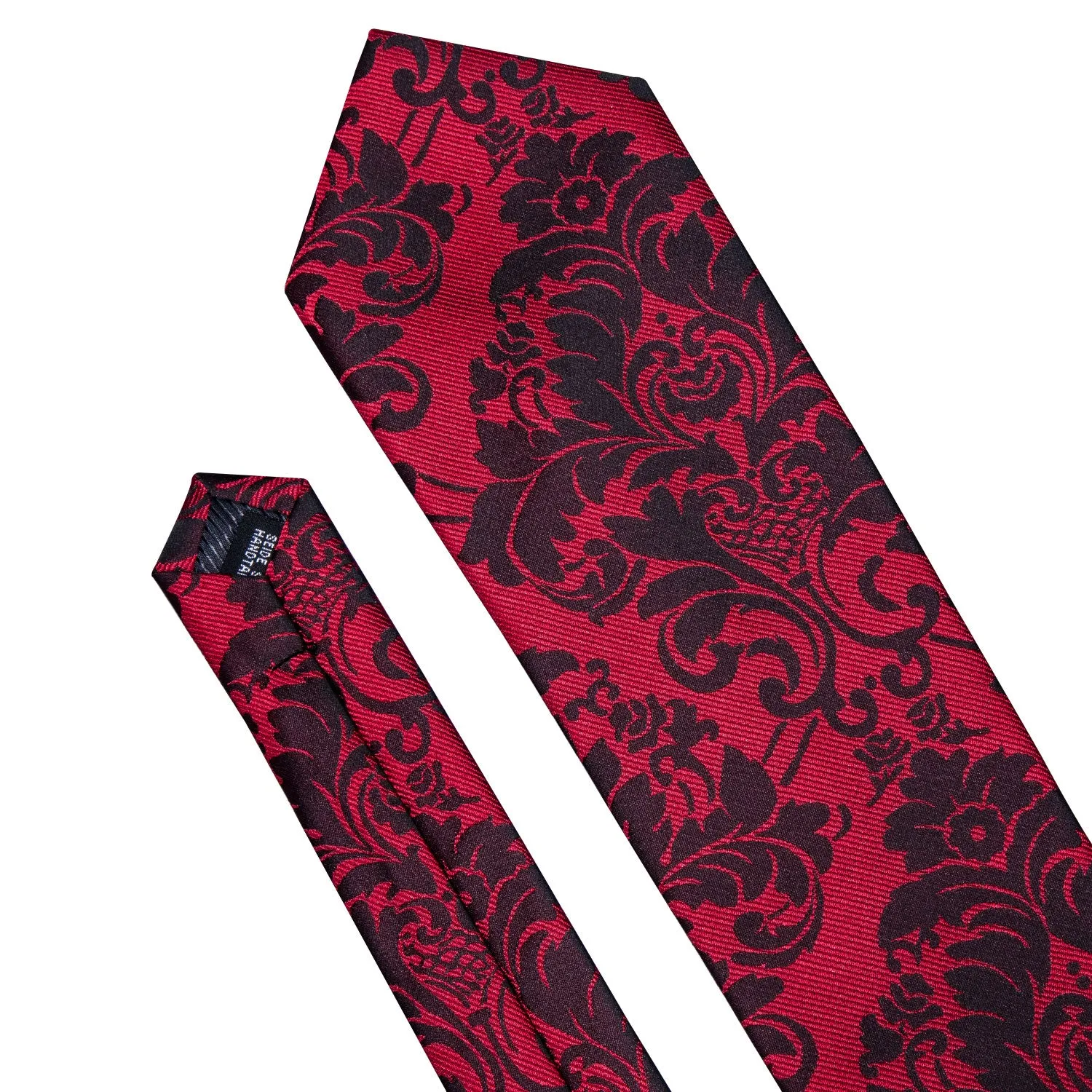 Hi-Tie Red Necktie Black Floral Men's Tie Pocket Square Cufflinks Set