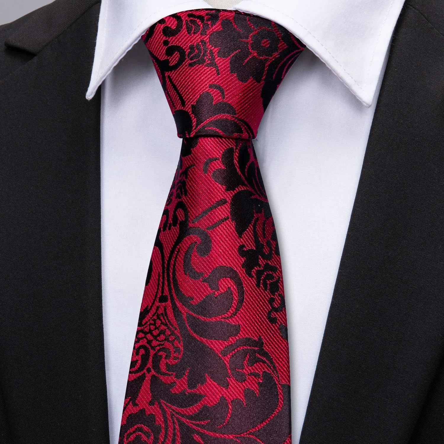 Hi-Tie Red Necktie Black Floral Men's Tie Pocket Square Cufflinks Set