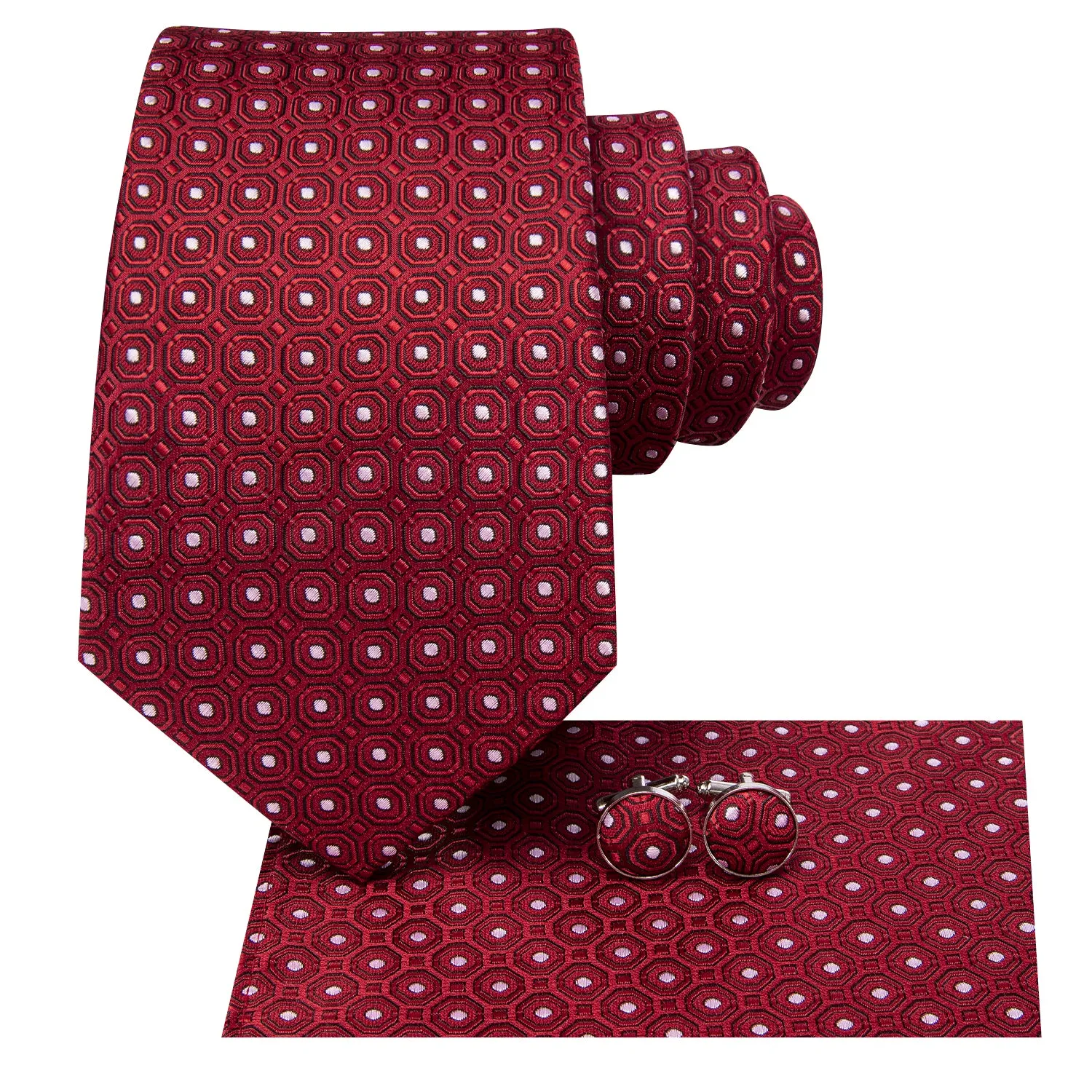 Hi-Tie Red Necktie Black Red Novelty Tie Pocket Square Cufflinks Set