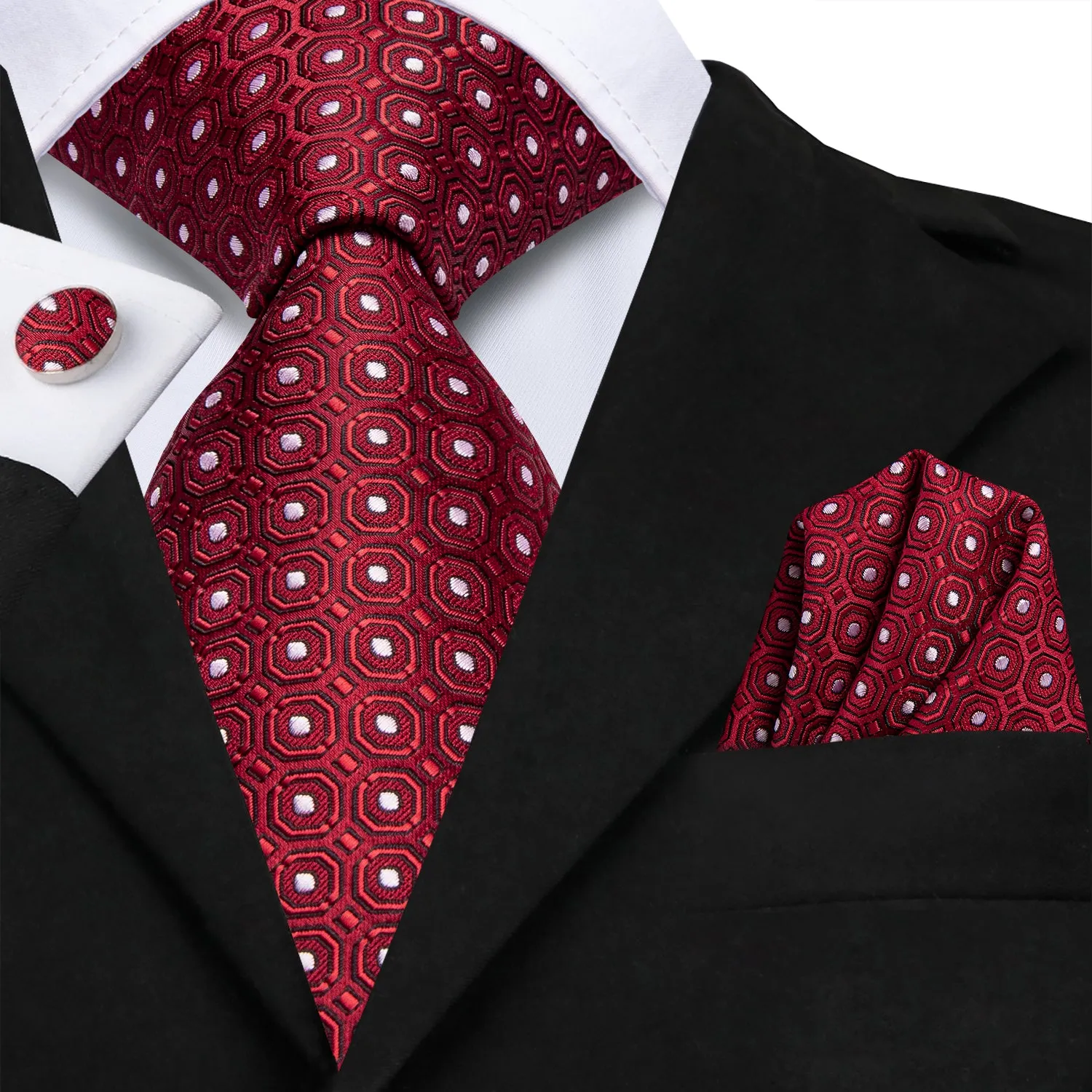 Hi-Tie Red Necktie Black Red Novelty Tie Pocket Square Cufflinks Set