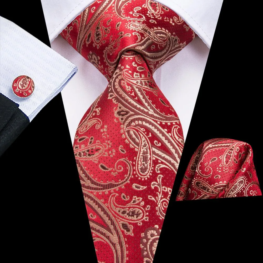 Hi-Tie Red Necktie Brown Jacquard Paisley Tie Pocket Square Cufflinks