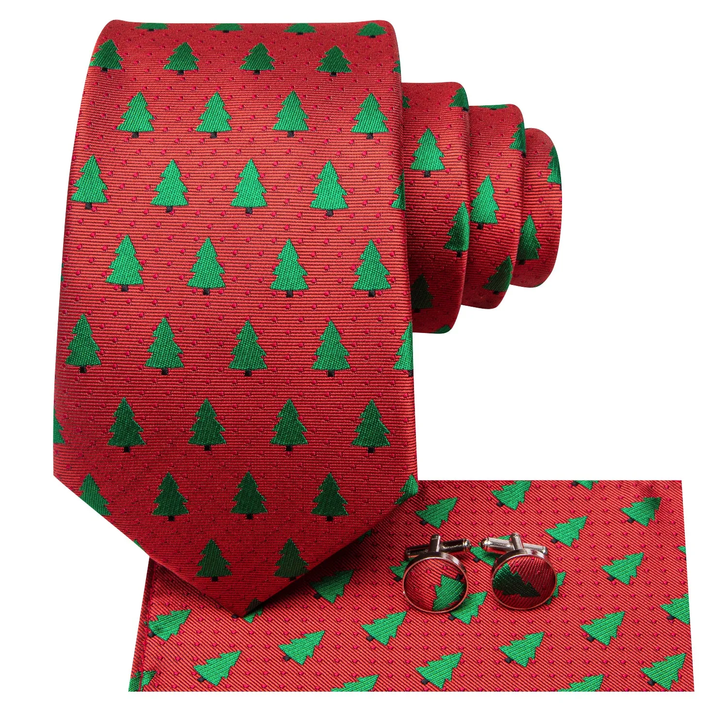 Hi-Tie Red Necktie Green Pines Tie Pocket Square Cufflinks Set