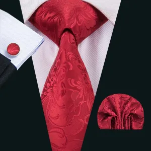 Hi-Tie Red Necktie Wedding Red Floral Tie Pocket Square Cufflinks Set