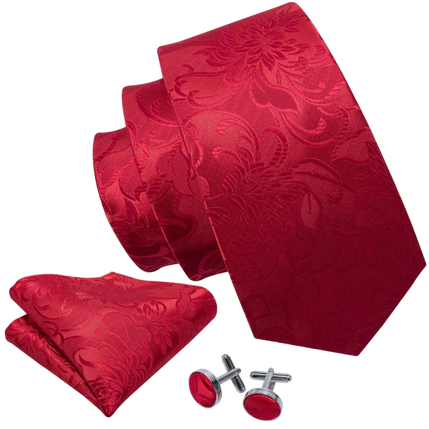 Hi-Tie Red Necktie Wedding Red Floral Tie Pocket Square Cufflinks Set