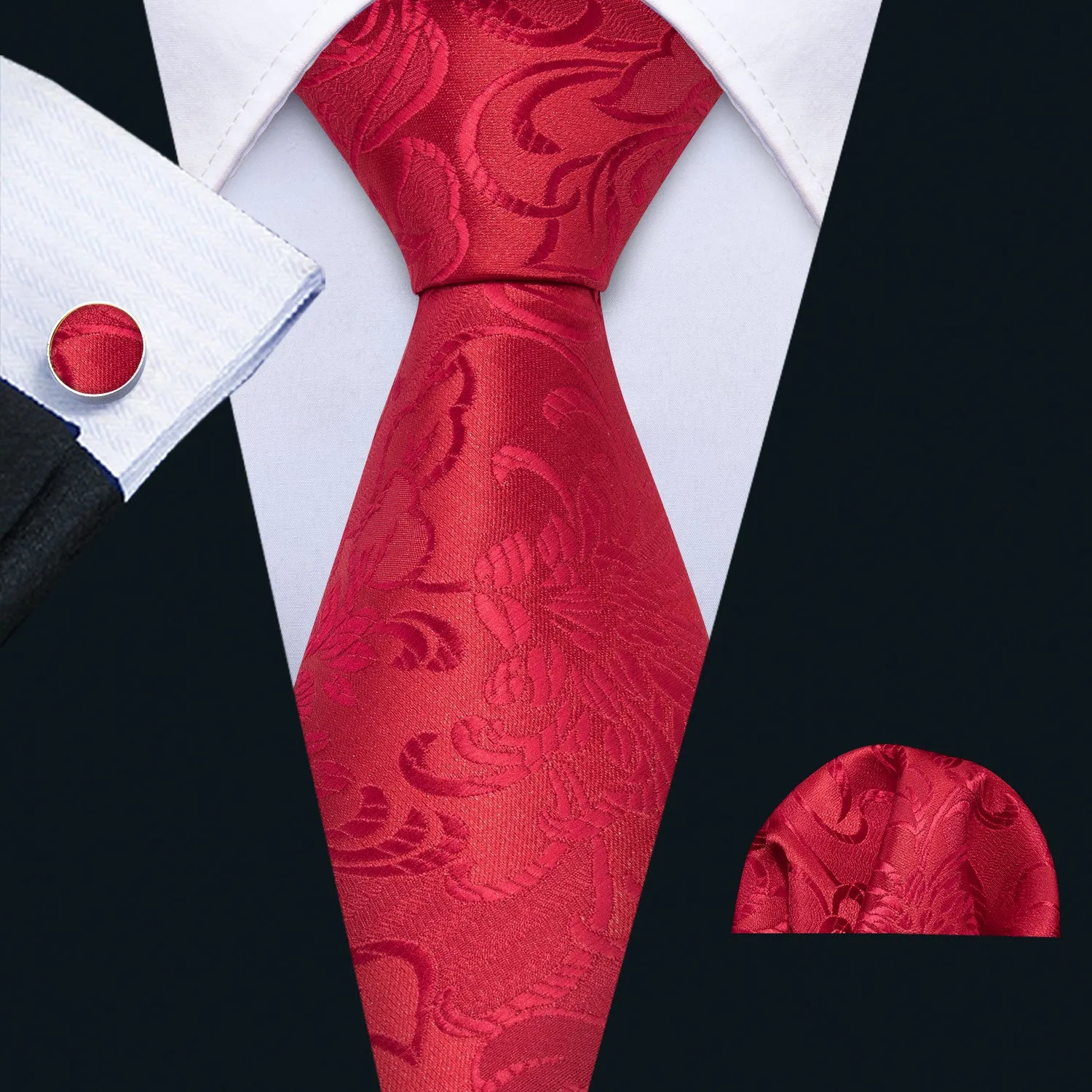 Hi-Tie Red Necktie Wedding Red Floral Tie Pocket Square Cufflinks Set