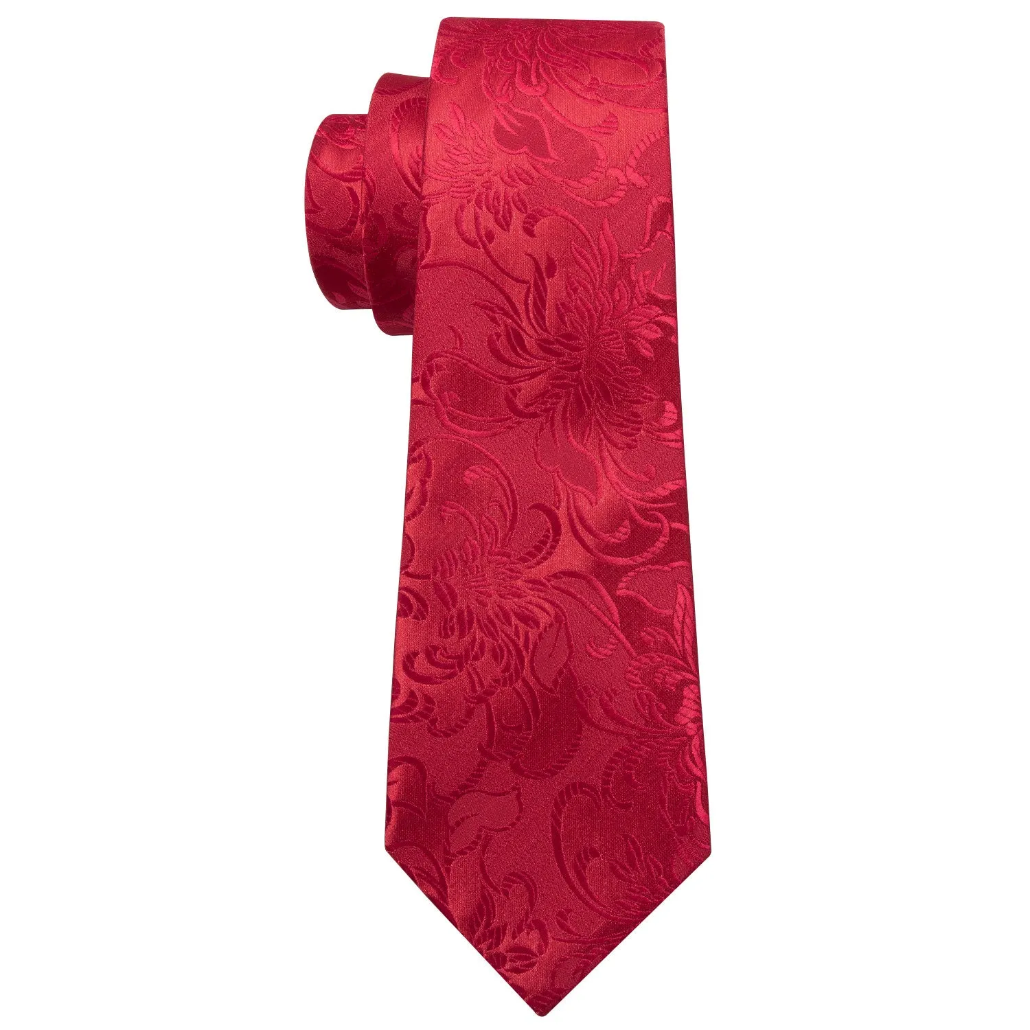 Hi-Tie Red Necktie Wedding Red Floral Tie Pocket Square Cufflinks Set