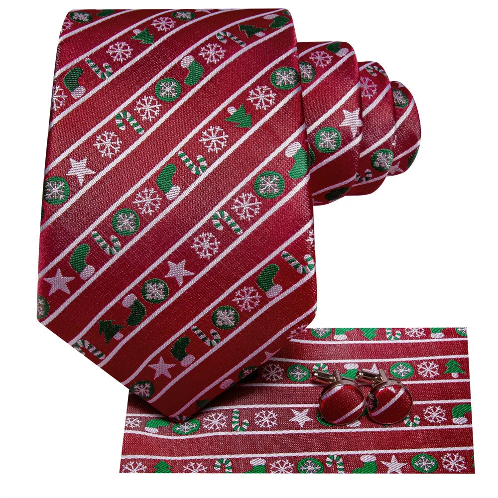 Hi-Tie Red Striped Christmas Tie Pocket Square Cufflinks Set