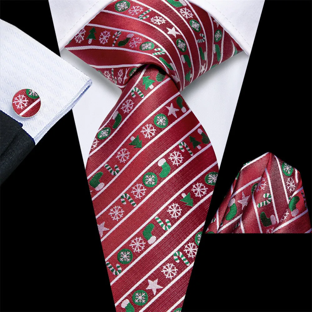 Hi-Tie Red Striped Christmas Tie Pocket Square Cufflinks Set