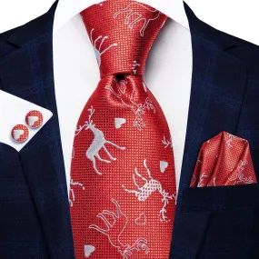 Hi-Tie Red White Elk Christmas Men Necktie Pocket Square Cufflinks Set