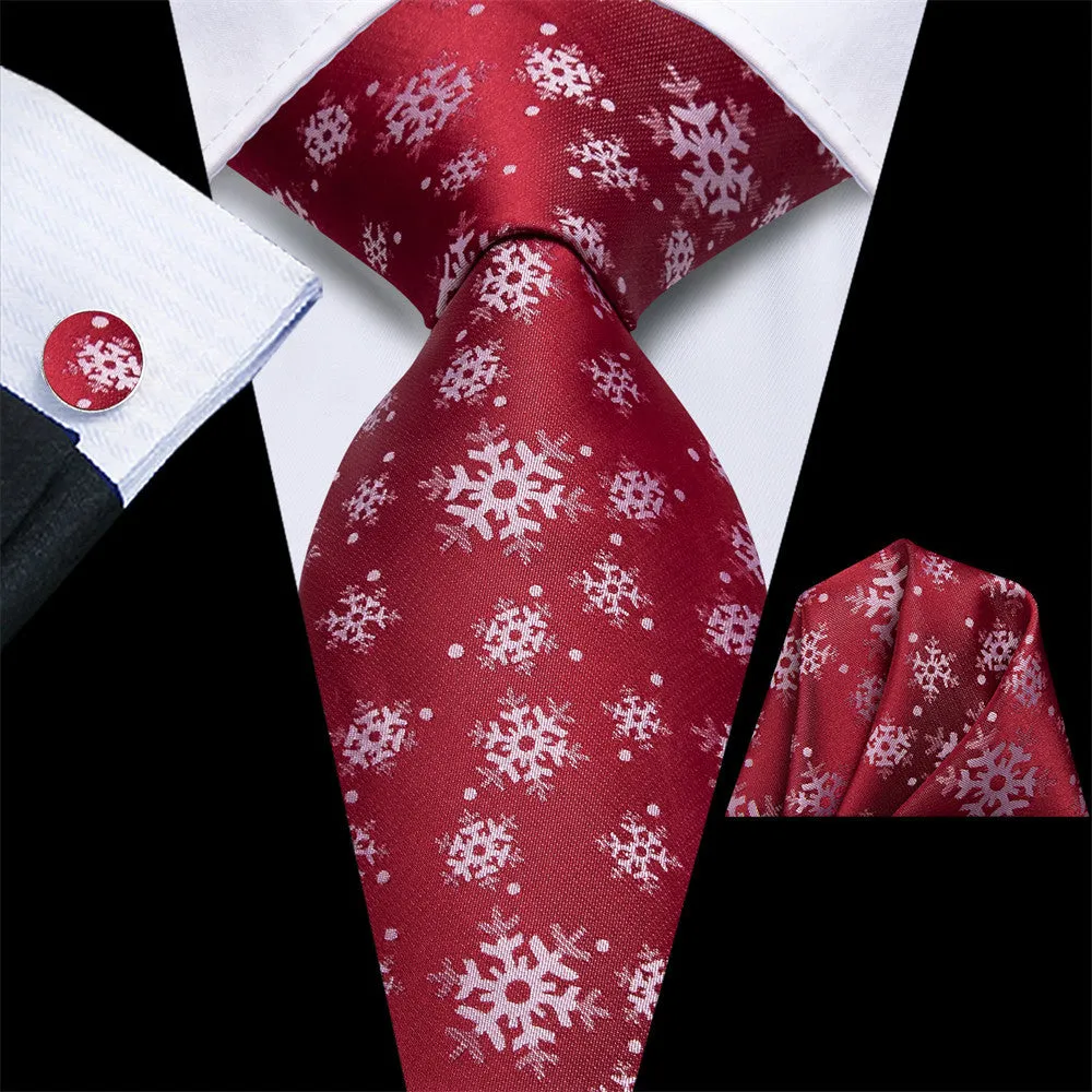 Hi-Tie Red White Snow Christmas Tie Pocket Square Cufflinks Set