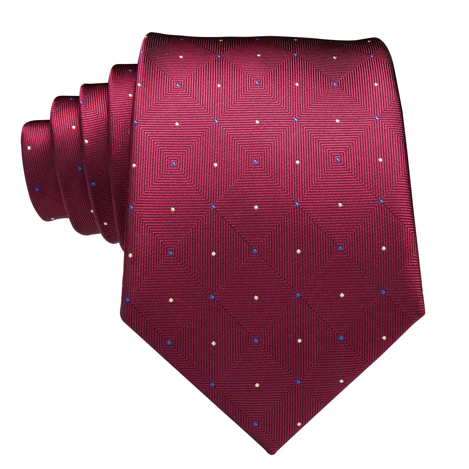 Hi-Tie Wine Red Ties Plaid Necktie Pocket Square Cufflinks Set