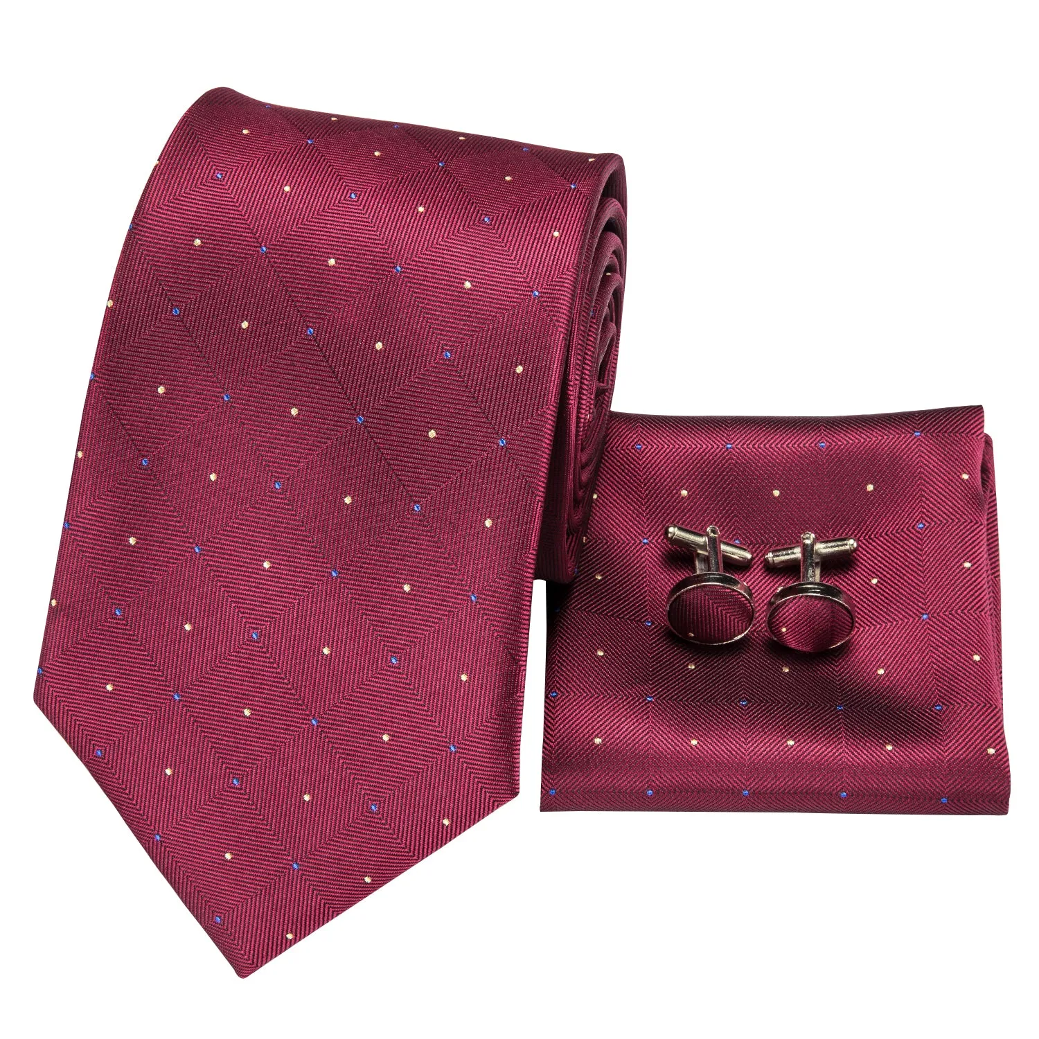 Hi-Tie Wine Red Ties Plaid Necktie Pocket Square Cufflinks Set