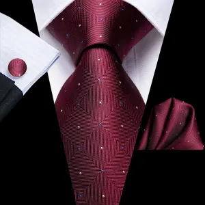 Hi-Tie Wine Red Ties Plaid Necktie Pocket Square Cufflinks Set