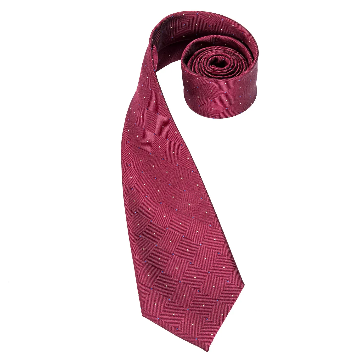 Hi-Tie Wine Red Ties Plaid Necktie Pocket Square Cufflinks Set