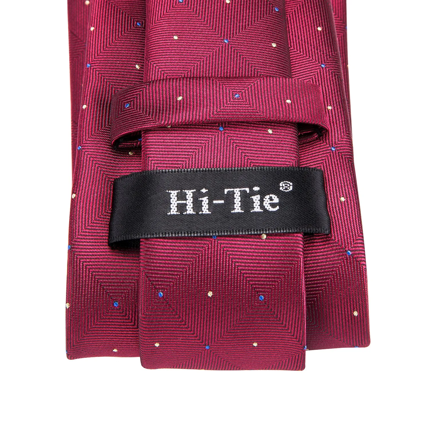 Hi-Tie Wine Red Ties Plaid Necktie Pocket Square Cufflinks Set