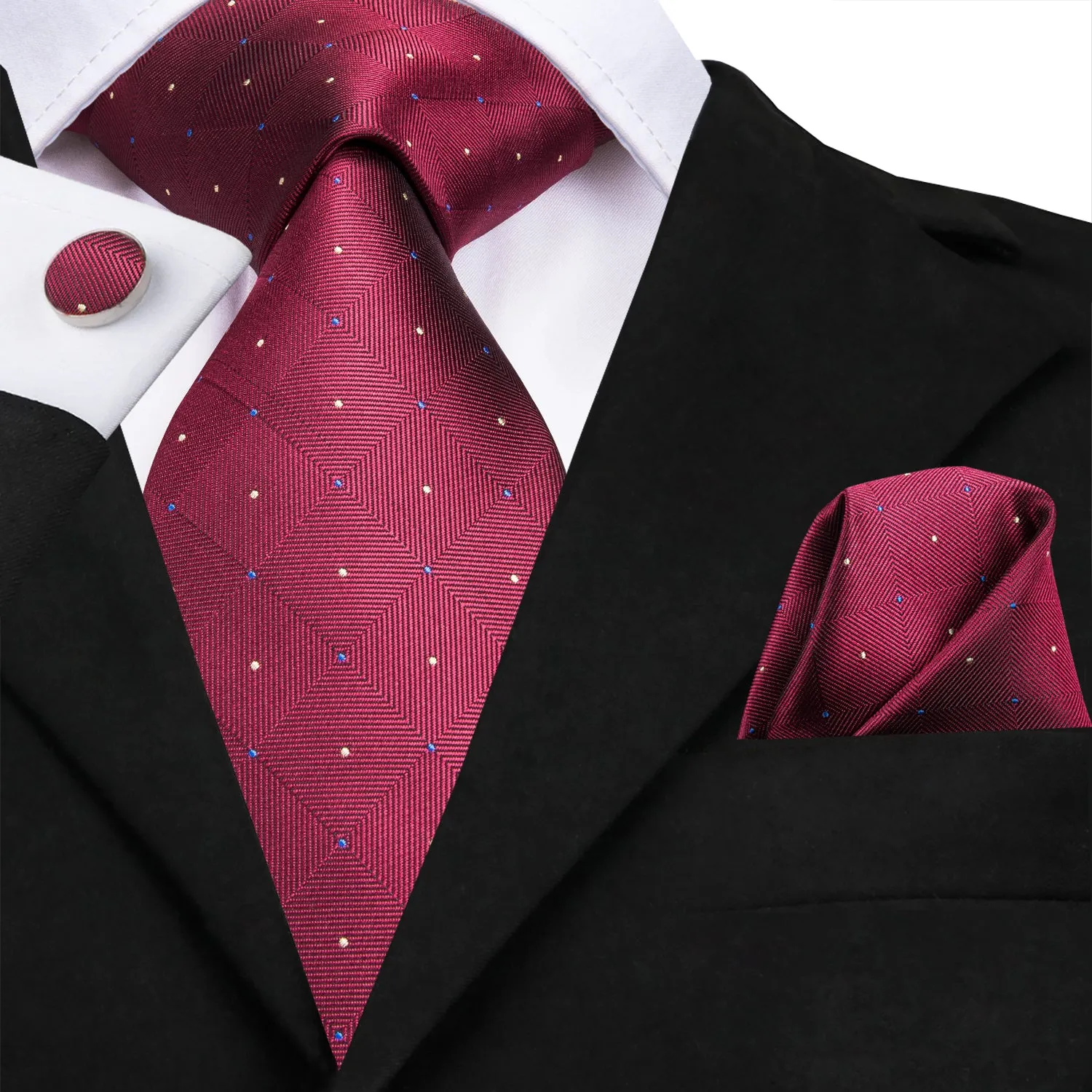 Hi-Tie Wine Red Ties Plaid Necktie Pocket Square Cufflinks Set