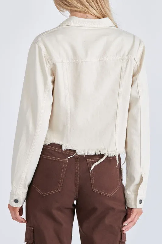 Hidden Jeans Cream Colored Cropped Frayed Fitted Jacket