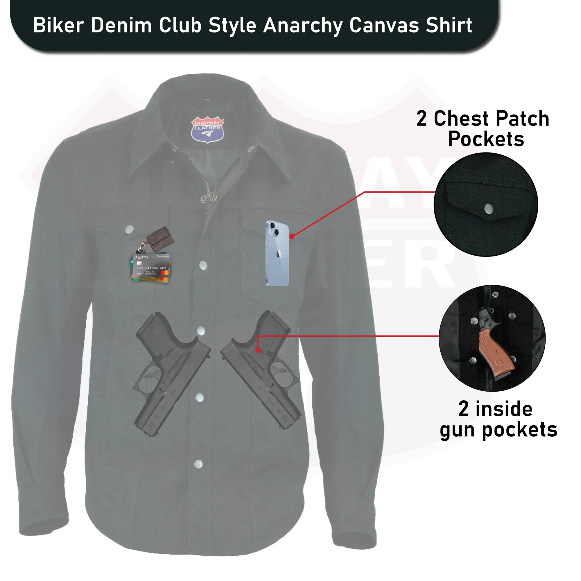 HL21403 Biker Denim Club Style Anarchy Twill Shirt Conceal Carry Gun pocket