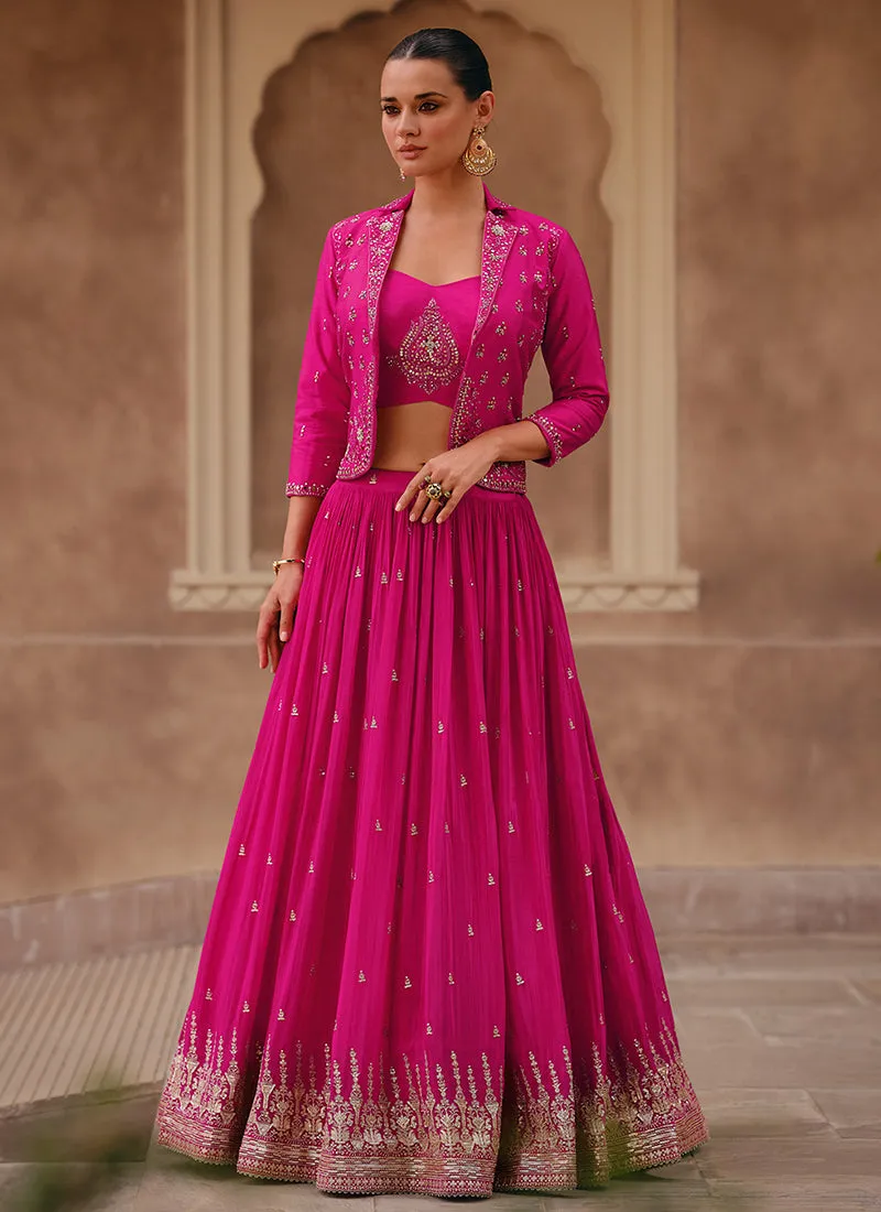 Hot Pink Handwork Embroidery Jacket Style Lehenga Choli