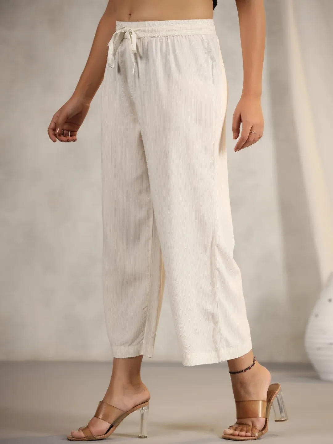 Juniper Ivory Stripped Modal Rayon Women Pants With Single Side Pockets & Drawstring